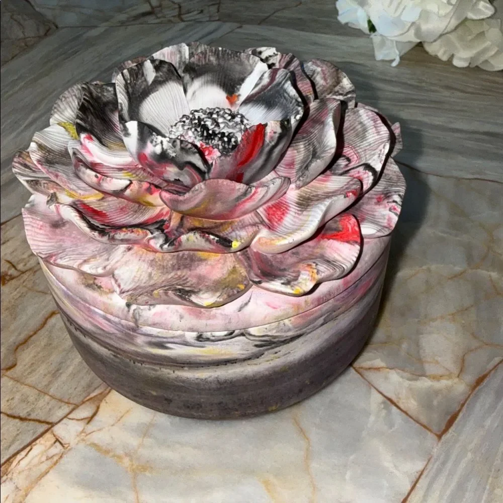 Floral Ceramic Jewelry Box - Pink and Gray
